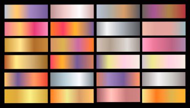 Altın gül, bronz, gümüş ve altın folyo doku geçiş arka plan ayarlamak. Vektör altın zarif, parlak ve metalik krom kenarlık, çerçeve, şerit, etiket tasarımı için degrade toplama