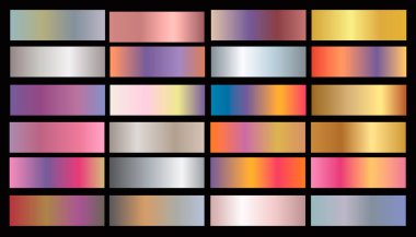 Altın gül, bronz, gümüş ve altın folyo doku geçiş arka plan ayarlamak. Vektör altın zarif, parlak ve metalik krom kenarlık, çerçeve, şerit, etiket tasarımı için degrade toplama