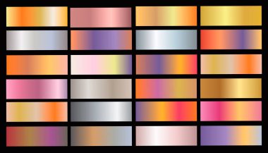 Altın gül, bronz, gümüş ve altın folyo doku geçiş arka plan ayarlamak. Vektör altın zarif, parlak ve metalik krom kenarlık, çerçeve, şerit, etiket tasarımı için degrade toplama