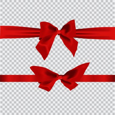 Gerçekçi kırmızı yay ve şeffaf arka plan üzerinde izole şerit. Broşür veya tebrik kartı için şablon