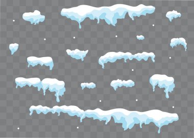 Kar kapaklar, kartopu ve snowdrifts ayarlayın. Kar cap vektör toplama. Kış dekorasyon öğesi. Karlı öğeleri kış arka plan üzerinde. Çizgi film şablonu. Kar yağışı ve hareketli kar taneleri. İllüstrasyon.
