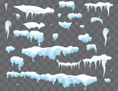 Kar kapaklar, kartopu ve snowdrifts ayarlayın. Kar cap vektör toplama. Kış dekorasyon öğesi. Karlı öğeleri kış arka plan üzerinde. Çizgi film şablonu. Kar yağışı ve hareketli kar taneleri. İllüstrasyon.