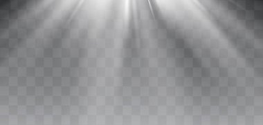 Beyaz parlayan ışık şeffaf bir arkaplanda patlar. Işın ile ışık dekorasyon efektinin vektör illüstrasyonu.