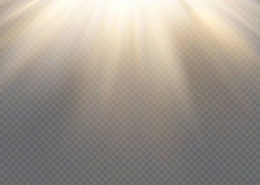 Beyaz parlayan ışık şeffaf bir arkaplanda patlar. Işın ile ışık dekorasyon efektinin vektör illüstrasyonu.