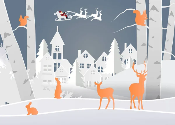 Zimní sezóna a veselé Vánoce s zvíře v lese, papírové umění a řemesel stylu. — Stockový vektor