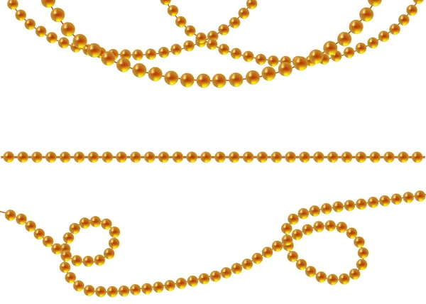 Perline d'oro su sfondo bianco. Una bella catena di colore giallo. Le perle nette sono realistiche. Elemento decorativo dal design palla d'oro — Vettoriale Stock