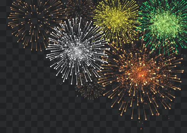 Meg Elszigetelt Vektor Tűzijátékok Egy Átlátszó Háttérrel — Stock Vector