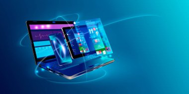 Web geliştirme ve kodlama. Çapraz platform geliştirme web sitesi. Adaptif düzen Internet sayfası veya web arabiriminde ekran dizüstü bilgisayar, tablet ve telefon. İzometrik konsept illüstrasyon.