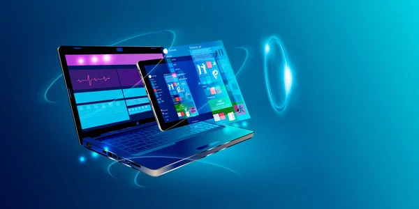 Yazılım, web geliştirme, programlama kavramı. Programlama dili ve program kodu ekran laptop soyut. Dizüstü bilgisayar ve simgeler şirket ağı. Yazılım geliştirme sürecinin teknoloji