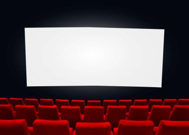 Kırmızı koltuk ile sinema ekran. Film afiş tasarımı prömiyeri. Vektör arka plan.