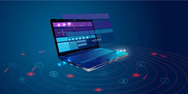 Yazılım, web geliştirme, programlama kavramı. Programlama dili ve program kodu ekran laptop soyut. Dizüstü bilgisayar ve simgeler şirket ağı. Yazılım geliştirme sürecinin teknoloji