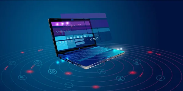 ソフトウェア Web プログラミング概念です スクリーンのラップトップ上のプログラミング言語とプログラム コードを抽象化します ノート パソコンとアイコンは会社ネットワークです ソフトウェア開発の技術プロセス — ストックベクタ