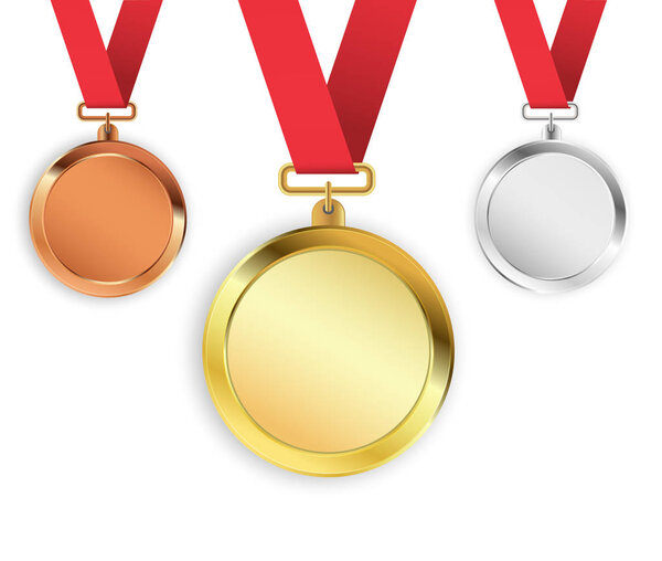 Set of three medals isolated on white background. Gold, silver, bronze medallions. Vector illustration.