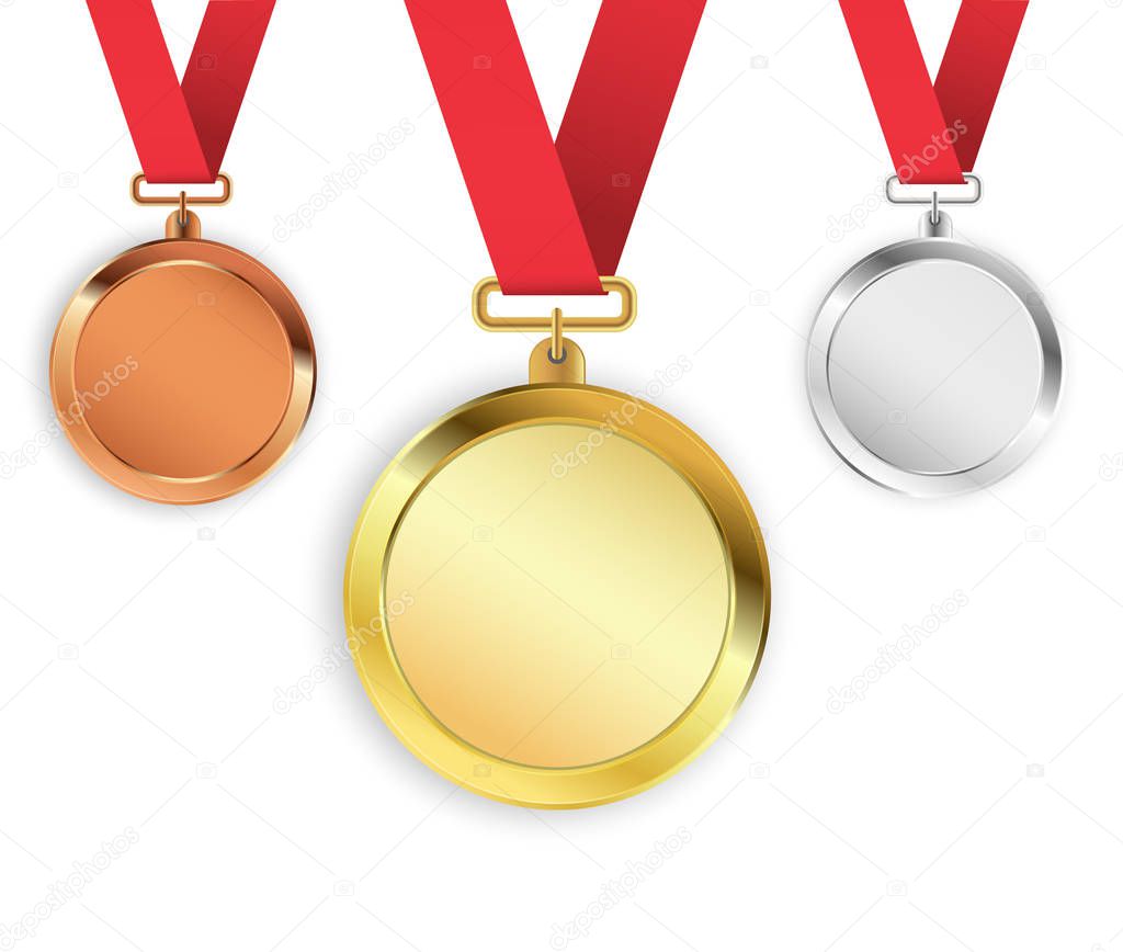 Set of three medals isolated on white background. Gold, silver, bronze medallions. Vector illustration.