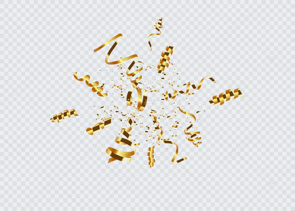 Golden confetti isolated on checkered background. Festive vector illustration