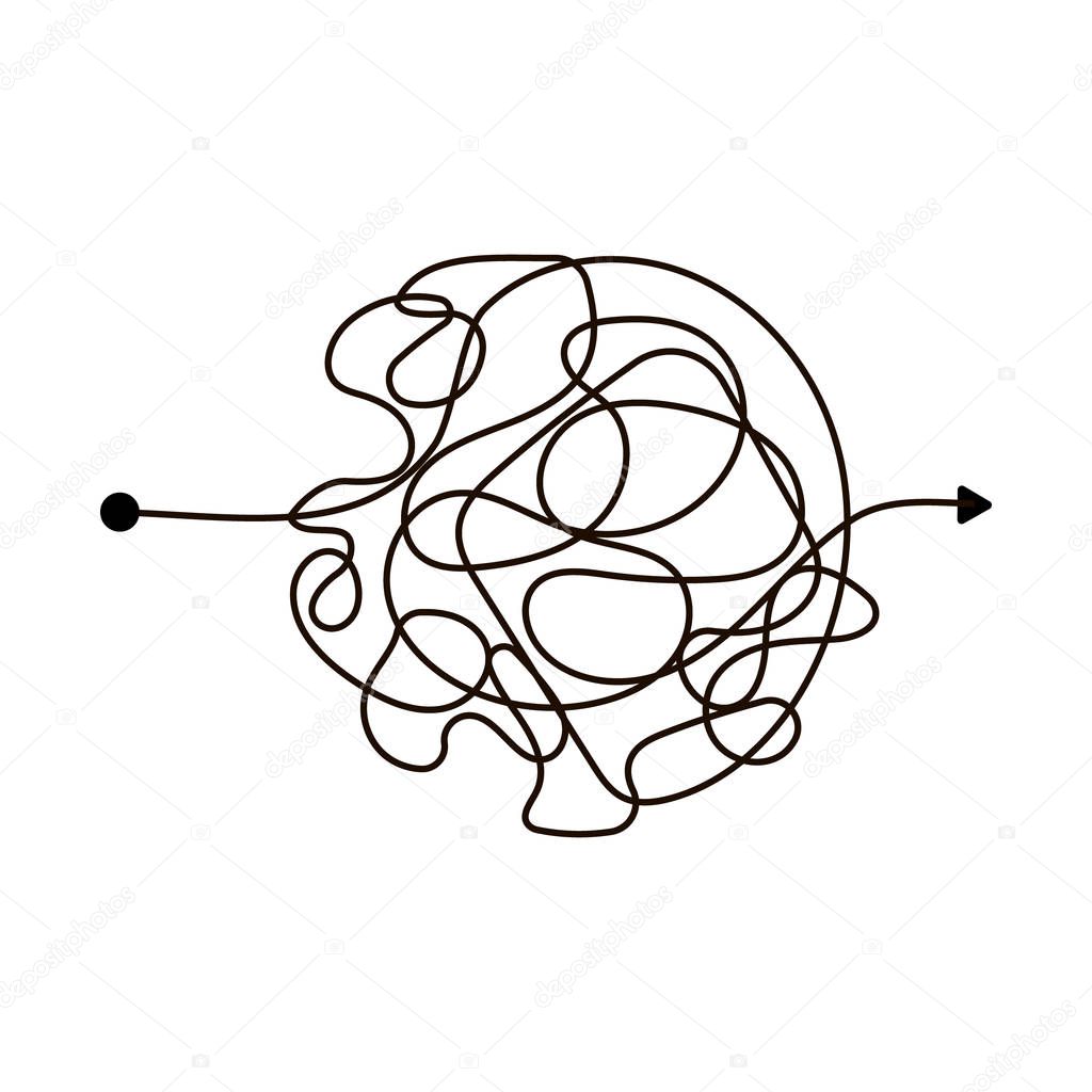 Insane messy line. Complicated clew way. Tangled scribble vector path. Chaotic difficult process. Vector illustration.