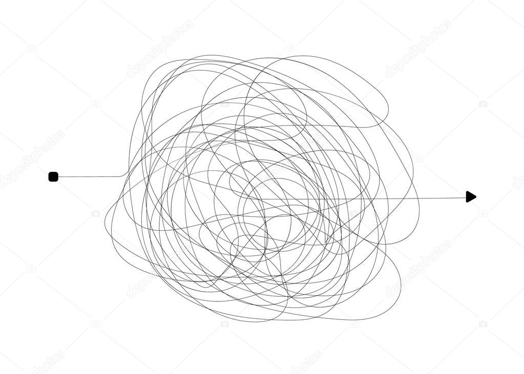 Insane messy line. Complicated clew way. Tangled scribble vector path. Chaotic difficult process. Vector illustration.