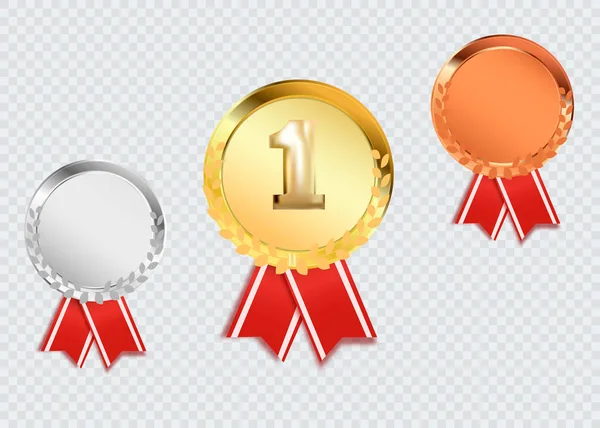 Medallas de premio aisladas. Ilustración vectorial de trofeo de oro, plata y bronce — Archivo Imágenes Vectoriales