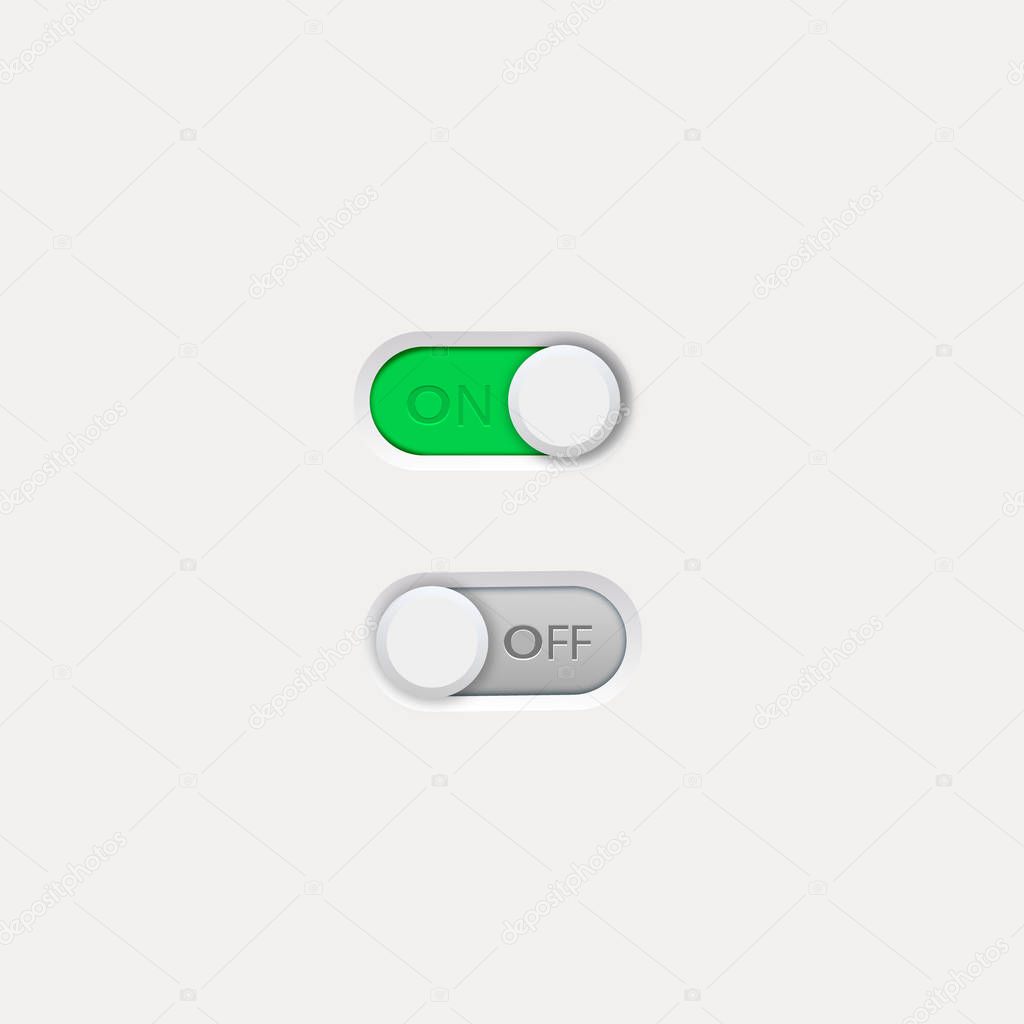 On and Off toggle switch buttons. Material design switch buttons set.