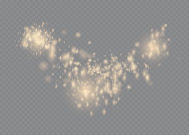 Toz kıvılcımları ve altın yıldızlar özel ışıkla parlıyor. Şeffaf bir arkaplanda vektör parıldıyor. Noel ışığı etkisi. Parlak sihirli toz parçacıkları.