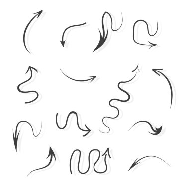 İzole edilmiş beyaz arkaplanda bilgi elemanları. El çizimi basit oklar. Çizgi çalışması. Farklı işaretler seti. Soyut göstergeler. Siyah beyaz illüstrasyon.