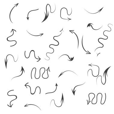 İzole edilmiş beyaz arkaplanda bilgi elemanları. El çizimi basit oklar. Çizgi çalışması. Farklı işaretler seti. Soyut göstergeler. Siyah beyaz illüstrasyon.