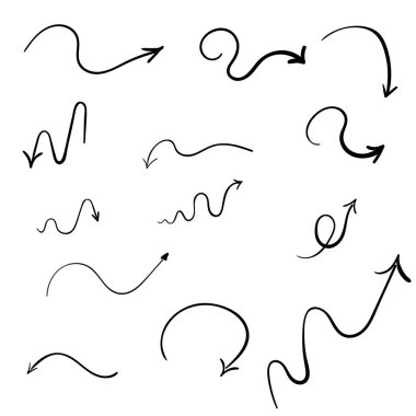 İzole edilmiş beyaz arkaplanda bilgi elemanları. El çizimi basit oklar. Çizgi çalışması. Farklı işaretler seti. Soyut göstergeler. Siyah beyaz illüstrasyon.