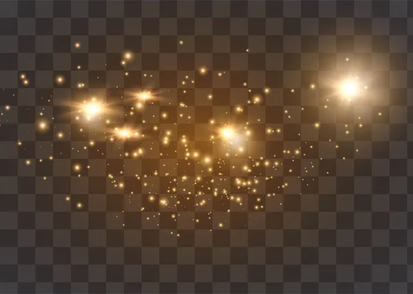 Dammet gnistor och gyllene stjärnor lysa med särskilt ljus. Vektor gnistrar på en transparent bakgrund. Julbelysning effekt. — Stock vektor