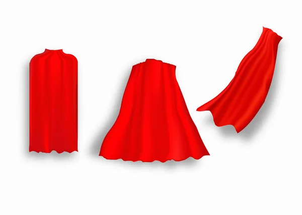Capa roja de superhéroe en diferentes posiciones, vista frontal, lateral y trasera sobre fondo blanco . — Vector de stock