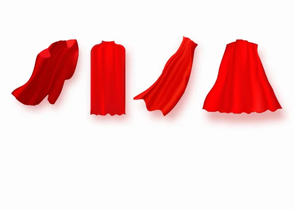 Capa roja de superhéroe en diferentes posiciones, vista frontal, lateral y trasera sobre fondo blanco . — Vector de stock