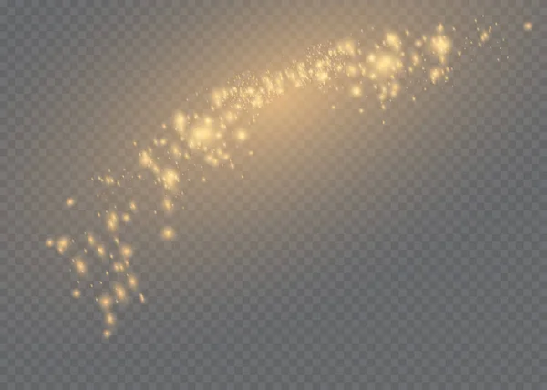 Die Staubfunken und goldenen Sterne leuchten mit besonderem Licht. Vektor funkelt auf transparentem Hintergrund. — Stockvektor