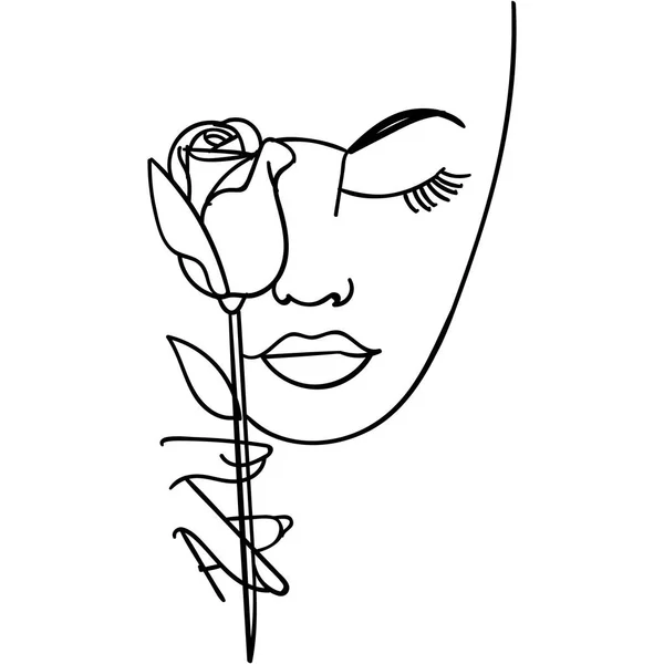 Cara de mulher com flor de rosa. Desenho de linha contínua. Ilustração vetorial . — Vetor de Stock