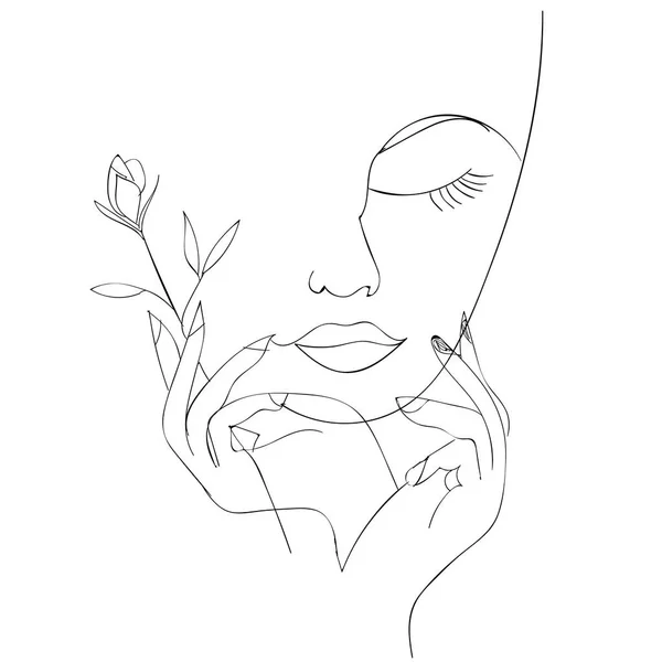 Kvinna ansikte med ros blomma. Kontinuerlig linje ritning. Vektorillustration. — Stock vektor