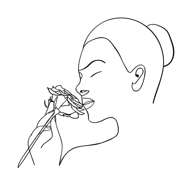 Cara de mulher com flor de rosa. Desenho de linha contínua. Ilustração vetorial . — Vetor de Stock