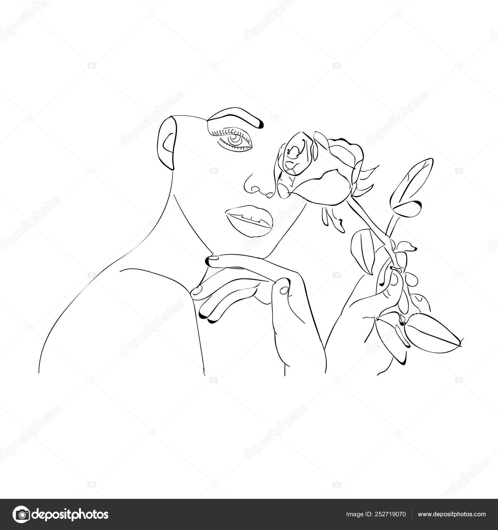Visage De Femme Avec La Fleur Rose Dessin Au Trait Continu