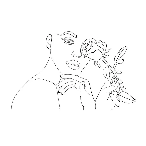 Женское лицо с цветочком розы. Непрерывный рисунок линии. Векторная иллюстрация . — стоковый вектор
