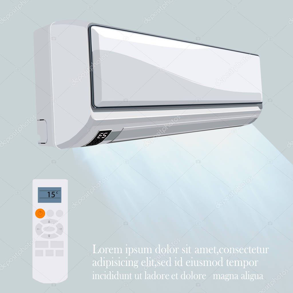 Air conditioner vector background ad.Split system air conditioner. Cool and cold climate control system. Realistic conditioning with remote controller.