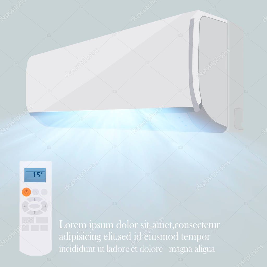 Air conditioner vector background ad.Split system air conditioner. Cool and cold climate control system. Realistic conditioning with remote controller.