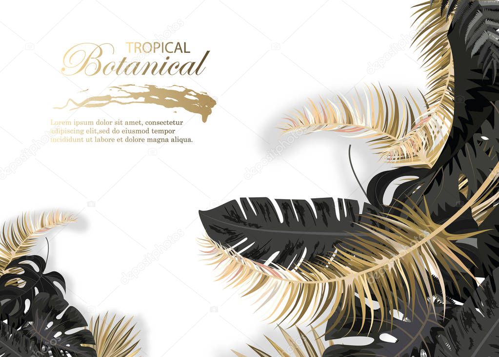 Vector horizontal banner with black and gold tropical leaves on dark background. Luxury exotic botanical design for cosmetics, spa, perfume, aroma, beauty salon.
