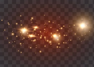 Toz kıvılcımları ve altın yıldızlar özel ışıkla parlıyor. Şeffaf bir arkaplanda vektör parıldıyor. Noel ışığı etkisi.