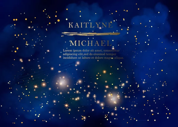 Nuit magique ciel bleu foncé avec des étoiles scintillantes invitation de mariage vectoriel. La galaxie d'Andromède. Or paillettes poudre éclaboussure de fond. Poussière dorée dispersée . — Image vectorielle