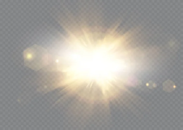 Vector transparente luz del sol lente especial flash luz effect.front lente del sol flash. Vector borroso en la luz del resplandor. Elemento de decoración. Rayos estelares horizontales y reflector. — Archivo Imágenes Vectoriales