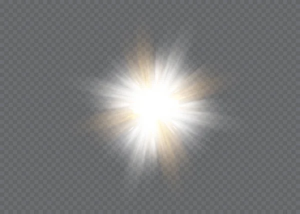 Wit gloeiend licht explodeert op een transparante achtergrond. Gloeiende magische stofdeeltjes. Heldere ster. Transparante schijnende zon, heldere flits. Vector glinstert. — Stockvector