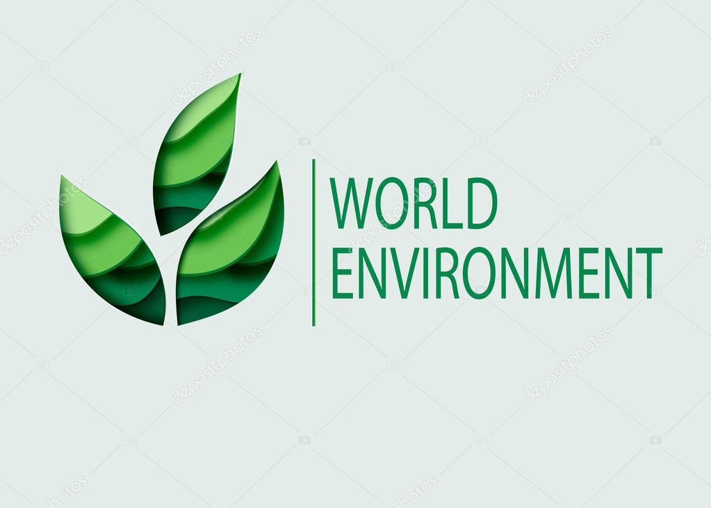 World Environment day concept. 3d paper cut eco friendly design. Vector illustration. Paper carving layer green leaves shapes with shadow