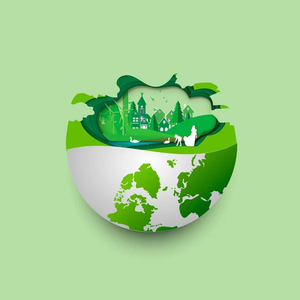 Green earth of eco friendly city and urban forest landscape abstract background.Renewable energy for ecology and environment conservation concept paper art design. — Stock Vector