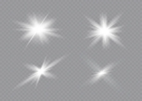La luz blanca brillante explota sobre un fondo transparente. Partículas de polvo mágicas chispeantes. Estrella Brillante. Sol brillante transparente, destello brillante. Brilla vectorial. — Vector de stock