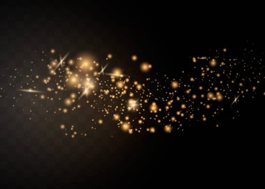 Toz kıvılcımları ve altın yıldızlar özel ışıkla parlıyor. Şeffaf bir arkaplanda vektör parıldıyor. Noel ışığı etkisi. Parlak sihirli toz parçacıkları.