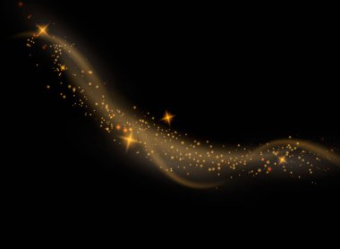 Toz kıvılcımları ve altın yıldızlar özel ışıkla parlıyor. Şeffaf bir arkaplanda vektör parıldıyor. Noel ışığı etkisi. Parlak sihirli toz parçacıkları.