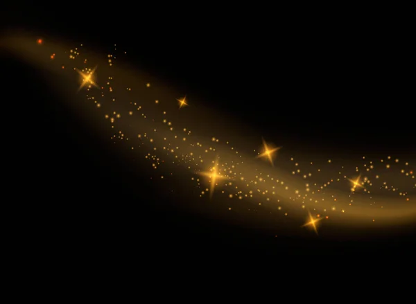 A porszemek és az arany csillagok különleges fényben ragyognak. A vektor átlátszó háttérrel szikrázik. Karácsonyi fényhatás. Csillogó mágikus porszemcsék. — Stock Vector