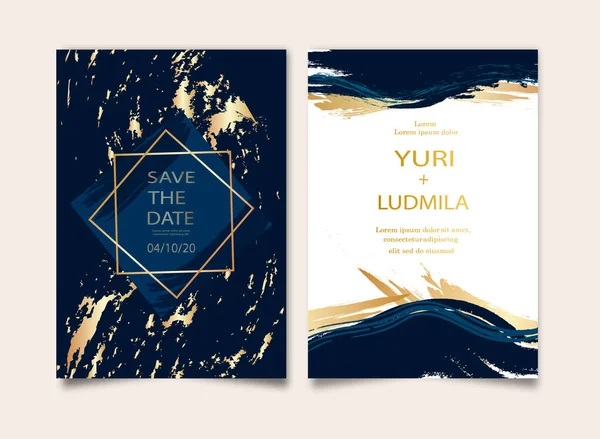 Düğün davetiyesi, teşekkür kartı, davetiye, poster tasarım koleksiyonu. Moda çivit mavisi ve beyaz mermer arkaplan dokusu.